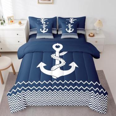 Imagem de jejeloiu Conjunto de edredom de solteiro, decoração de âncora, 7 peças, listras geométricas, azul marinho, verão, náutico, aventura, oceano, tema marinho, cama em uma bolsa com edredom, lençóis,