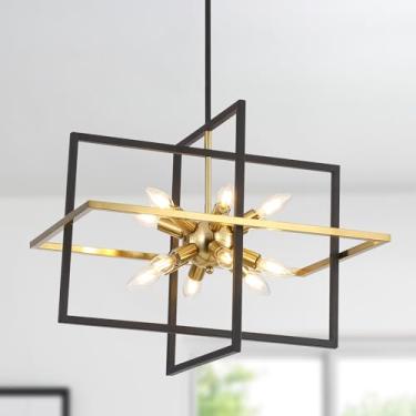 Imagem de HONGREN Lustre moderno quadrado lartern grande industrial 61 cm preto e dourado luminária pendente para sala de jantar cozinha ilha entrada fazenda