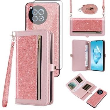 Imagem de Asuwish Capa tipo carteira compatível com OnePlus 12R 5G/Ace 3 2024 e protetor de tela de vidro temperado com glitter, fecho de correr, porta-cartões, acessórios para celular, capas para celular para