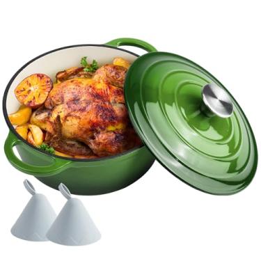 Imagem de Ferro fundido esmaltado para forno holandês de 4,5 litros com tampa - alças duplas grandes - Seguro para forno até 260 °C - Panela redonda clássica para cozinhar verde versátil