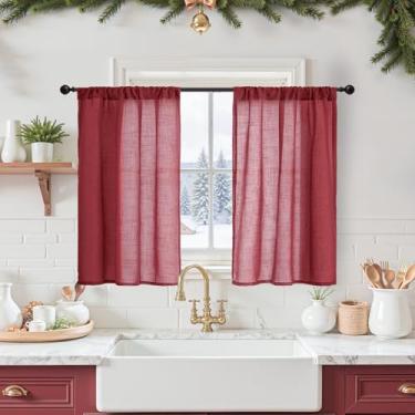 Imagem de BGment Cortinas de cozinha de linho bordô para decoração de Natal com janela sobre a pia, cortinas curtas semitransparentes para banheiro, café, com bolso para varão, leve, conjunto de 2 painéis, cada