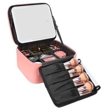 Imagem de Bolsa de maquiagem de viagem Relavel com espelho LED rosa impermeável