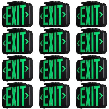 Imagem de TORCHSTAR Pacote com 12 placas de saída de LED verde, luz de saída de emergência com bateria reserva, dupla face, UL 924, AC 120/277 V, local úmido, luzes de saída de letras vermelhas com fio para