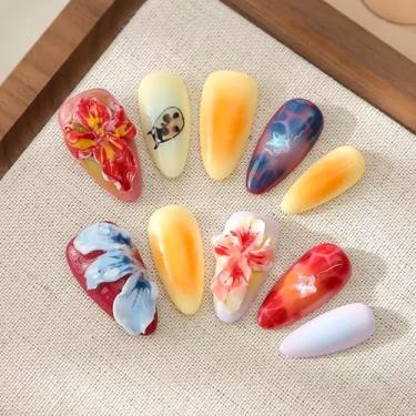Imagem de Unhas de amêndoa médias feitas à mão, unhas postiças grossas com cola, unhas postiças coloridas com design artístico de flores tropicais 3D, unhas acrílicas naturais para mulheres (tamanho M)