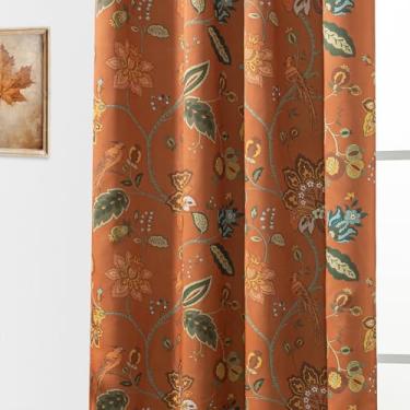 Imagem de Cortinas blecaute padrão preto 226 centímetros de comprimento, conjunto de 2 painéis, cortina blecaute rústica para sala de estar, laranja ferrugem terra verde-oliva boho vintage floral eclético anos