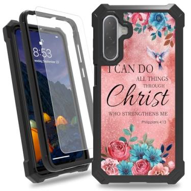 Imagem de Capa para Samsung Galaxy A16 5G, capa preta fina à prova de choque de camada dupla resistente com protetor de tela de vidro temperado para mulheres e homens, cogumelo coelho, Bíblia Filipenses 4-13