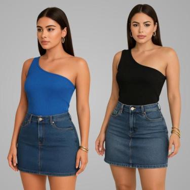 Imagem de Kit 2 Blusa Mula Manca Um Ombro So Basica Canelada Verão - Luau Brasil