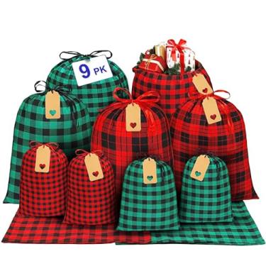 Imagem de Shineloha 9PK Sacos de presente de Natal de tecido sortidos (grande, médio, pequeno) | Saco de Papai Noel de algodão, sacos de presente reutilizáveis com cordão para embrulhar presentes de Natal