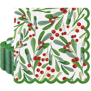 Imagem de AnyDesign Guardanapos descartáveis para coquetéis de Natal, 100 peças, guardanapo de papel recortado de azevinho de Natal, guardanapos de mão decorativos de sobremesa para artigos de festa, decoração