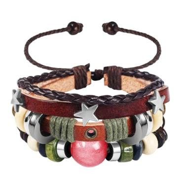 Imagem de PLwelth Pulseiras femininas boho de couro com contas empilháveis multicamadas delicadas pulseiras tecidas à mão, pulseira hippie, pingentes de estrelas, acessórios, joias modernas, presentes de