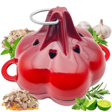 Imagem de BOLVOUD Torrador de ferro fundido esmaltado e assadeira de alho, caixa multifuncional para churrasqueiras a gás/pellet/carvão, forno e fogão a lenha, panelas esmaltadas estilo forno holandês, panela