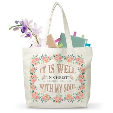Imagem de JUSITAKEET Sacolas bíblicas para mulheres, presentes cristãos para amigos, bolsas de lona de estudo de versículo bíblico para família, presentes religiosos, It Is Well With My Soul, E02