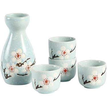 Imagem de JOEUQK Copo de vinho artesanal, conjunto de saquê japonês, 5 peças, textura pitoresca, design elegante de flores, para frio/quente/shochu/chá, melhor presente para família e amigos