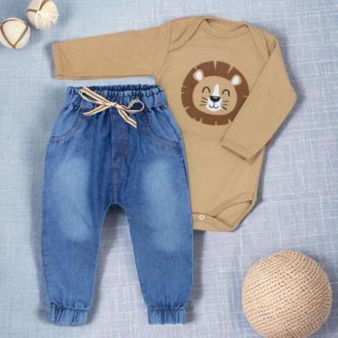 Imagem de Conjunto Bebê Leãozinho Body Bege Avelã E Calça Jeans Jogger - Era Uma
