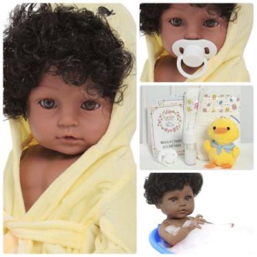 Imagem de Boneco Reborn Bebê Menino Negro Roupão Patinho + Itens - Cegonha Rebor