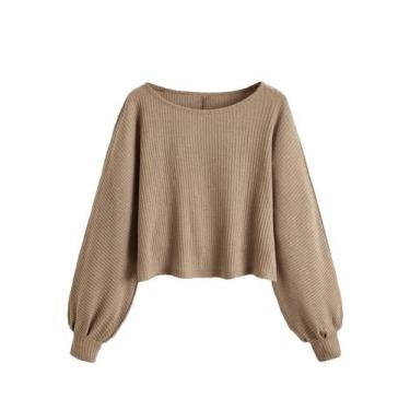 Imagem de Suéter curto SweatyRocks, casual, gola redonda, malha canelada, cáqui