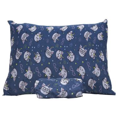 Imagem de Jogo de Cama Solteiro Doce Vida Malha Misto Estampado Gatocornio 2 Pçs com Elastico Azul