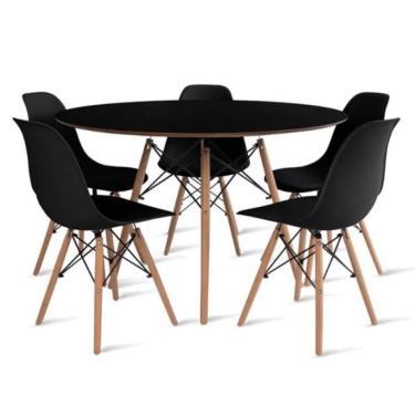 Imagem de Conjunto de Mesa de Jantar Eames Eiffel Redonda 120cm Tampo de Madeira Preto com 5 Cadeiras Pretas