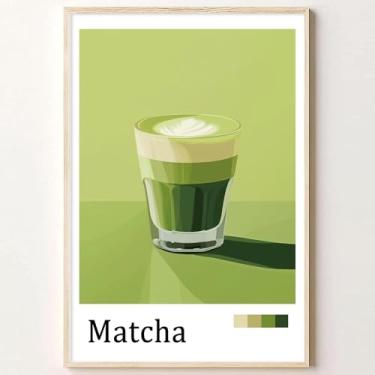 Imagem de Arte de parede Matcha de cozinha verde sálvia imagens estéticas japonesas chá café impressão vintage cozinha café tela arte de parede moderno Matcha Latte pôster minimalista bebida estética pintura
