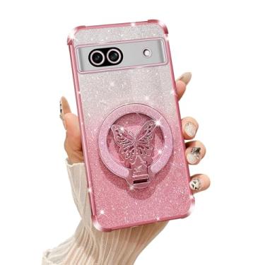 Imagem de Tesazxcn Capa de celular para Google Pixel 8A [compatível com Magsafe] com suporte de borboleta e cordão de TPU macio brilhante capa de proteção à prova de choque para Google Pixel 8A, ouro rosa