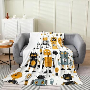 Imagem de Lindo cobertor de cama de robô, cobertor de flanela engraçado para decoração de quarto, equipamento colorido, conjunto de cama de grafite para crianças e adultos, super macio, solteiro 152 x 203 cm