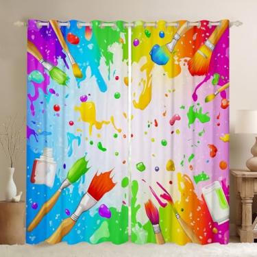 Imagem de Cortinas de janela de pintura colorida, pintura abstrata gradiente para decoração de casa, cortinas de janela duráveis com impressão de pincel de pintura para presentes infantis, 2 painéis, 96 cm L x