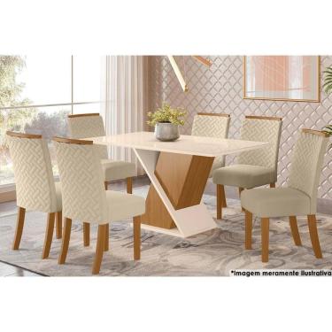 Imagem de Sala de Jantar Completa Solus Tampo Madeirado c/ Vidro 160x90cm e 6 Cadeiras Malu Nature/Veludo Light Linho - Henn