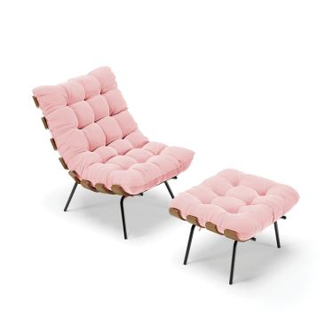 Imagem de Kit 01 Poltrona e 01 Puff Costela Suede Rosa Bebê Base Metálica Preto - D'Rossi