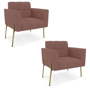 Imagem de Poltrona Pé de Ferro Dourado para Sala Kit 2 Elisa Veludo Rosê D03 - D'Rossi