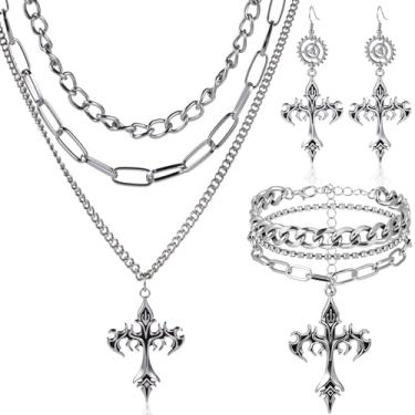 Imagem de Tondiamo Conjunto de 3 peças de joias góticas de colar de cruz para mulheres, brincos góticos, pulseira em camadas, gargantilha Y2k, acessório de fantasia, ONE SIZE, liga metálica, pérola sintética