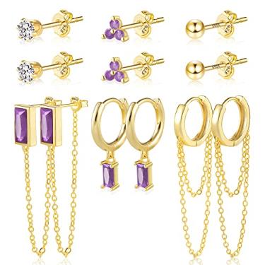 Imagem de Conjunto de 6 pares de brincos para vários piercings | Brincos de prata esterlina banhados a ouro 14 K brincos de pressão com corrente pendente pequeno conjunto de brincos de argola para mulheres, Latão, Zircônia