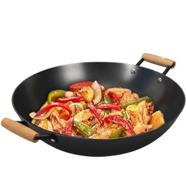 Imagem de Cuisiland Wok de ferro fundido nitretado de 35,5 cm – Frigideira de cabo duplo, resistente à ferrugem, naturalmente antiaderente, cabos de madeira de faia, retenção clássica de calor de ferro fundido