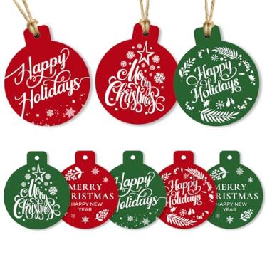 Imagem de Etiquetas de presente de Natal em forma de ornamento - 80 etiquetas redondas de Natal com cordão, 8 designs festivos - etiquetas de nome de Natal de 350 g/m² para presentes