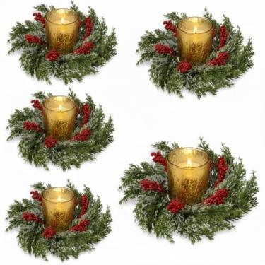 Imagem de Cinnvoice 4 peças de anéis de vela de Natal guirlanda artificial com mini guirlanda de vela de Natal de frutas vermelhas para mesa central de mesa armário de cozinha casa janela decoração da porta da