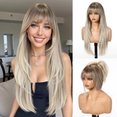 Imagem de HAIRCUBE Perucas longas e retas para mulheres, peruca sintética em camadas com franja, cor loira acinzentada para uso diário