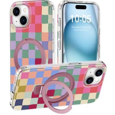 Imagem de DEENAKIN Capa para iPhone 15 – Compatível com carregamento sem fio – Suporte multifuncional integrado – Capa protetora à prova de choque com designs bonitos da moda para mulheres – Tabuleiro de xadrez