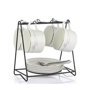 Imagem de WYUYIWH Conjunto de pires de xícara de café de cerâmica conjunto de chá de cerâmica com colher e suporte de copo conjunto de pires de xícara europeu simples branco (cor: borda prateada, tamanho: 4