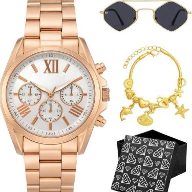 Imagem de Relogio Aco Banhado Feminino Rose + Pulseira Oculos Inoxidavel Moda Qualidade Premium Losango Preto