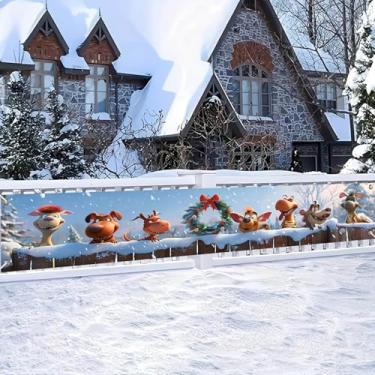 Imagem de HOMETITUTE Banner de animais de desenho animado de Natal 295 x 50 cm cenário de férias de inverno com grinalda festiva decoração de cerca de neve para quintal ao ar livre varanda parede festa exibição