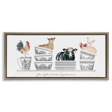 Imagem de Stupell Industries Gather for Food Animal Bowls arte de parede em tela flutuante com moldura preta, design de Cindy Jacobs, 35,5 x 78,5 cm