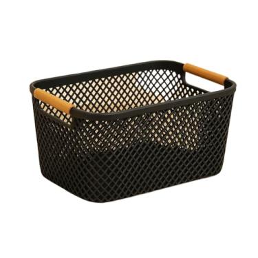 Imagem de Cesto Organizador de Plástico com Alça de Bambu – Preto ou Branco, Tamanhos M e G Cozinha Banheiro(PRETO ELEGANTE G-37cmx23x14cm)