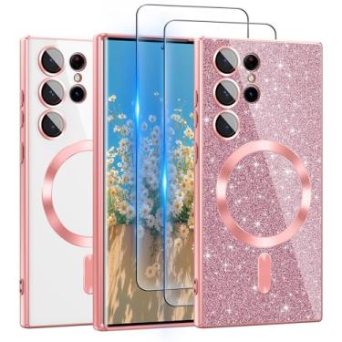 Imagem de Capa para Galaxy S23 Ultra compatível com MagSafe, [cartão de glitter e 2 peças de películas HD] Linda capa brilhante brilhante [nunca amarela], fina, à prova de choque, antiarranhões, capa