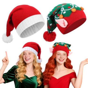 Imagem de JenPen 2 peças de chapéu de Papai Noel, chapéu de elfo de Natal para crianças, adultos, gorro quente de tricô para festas festivas de ano novo, Vermelho, verde., tamanho �nico