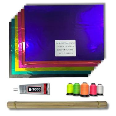 Imagem de Kit Completo para Pipas, 100 Varetas de Bambu 60cm, 100 Folhas de Papel Laminado, Cola B7000 110ml, Linha de Armação 2000m