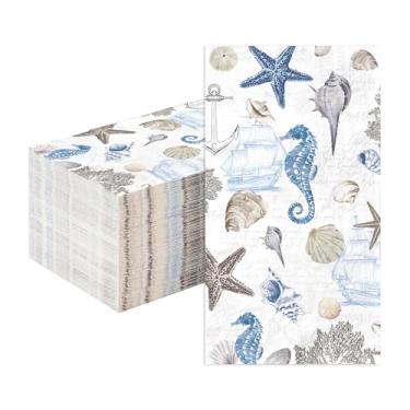 Imagem de Guardanapos de papel costeiros de Natal com 100 camadas 3 camadas de toalhas de mão absorventes descartáveis concha concha náutica coral hóspedes guardanapos de banheiro para inverno, férias