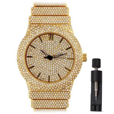 Imagem de Relógio masculino de luxo banhado a ouro 18 K, bisel gelado redondo de 46 mm com algarismos romanos, diamantes de laboratório, movimento de quartzo, caixa de presente incluída, Dourado, presente de