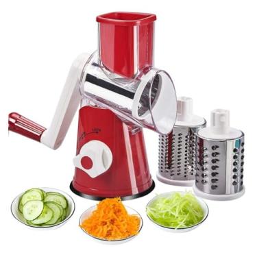 Imagem de Ralador Multiuso 3 em 1, Vermelho e Prata, Aço Inox e Plástico, 23,5 x 13,5 cm, com 3 Lâminas Intercambiáveis para Legumes, Queijo e Vegetais, Base Antiderrapante