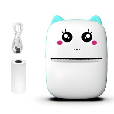 Imagem de Impressora sem tinta, assistente de impressão por erro portátil para estudantes, pequena impressora sem fio com face de gato, inclui cabo USB e rolo de papel térmico, azul
