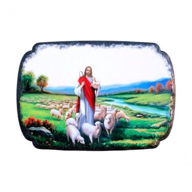 Imagem de Quadro Mesa Colecionável Jesus Cristo Ovelhas Campo 20x14cm