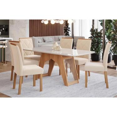 Imagem de Sala De Jantar Completa Carol Tampo Madeirado Com Vidro 180x90cm E 6 Cadeiras Fernanda Madeirado-suede Nude Bege - Cimol